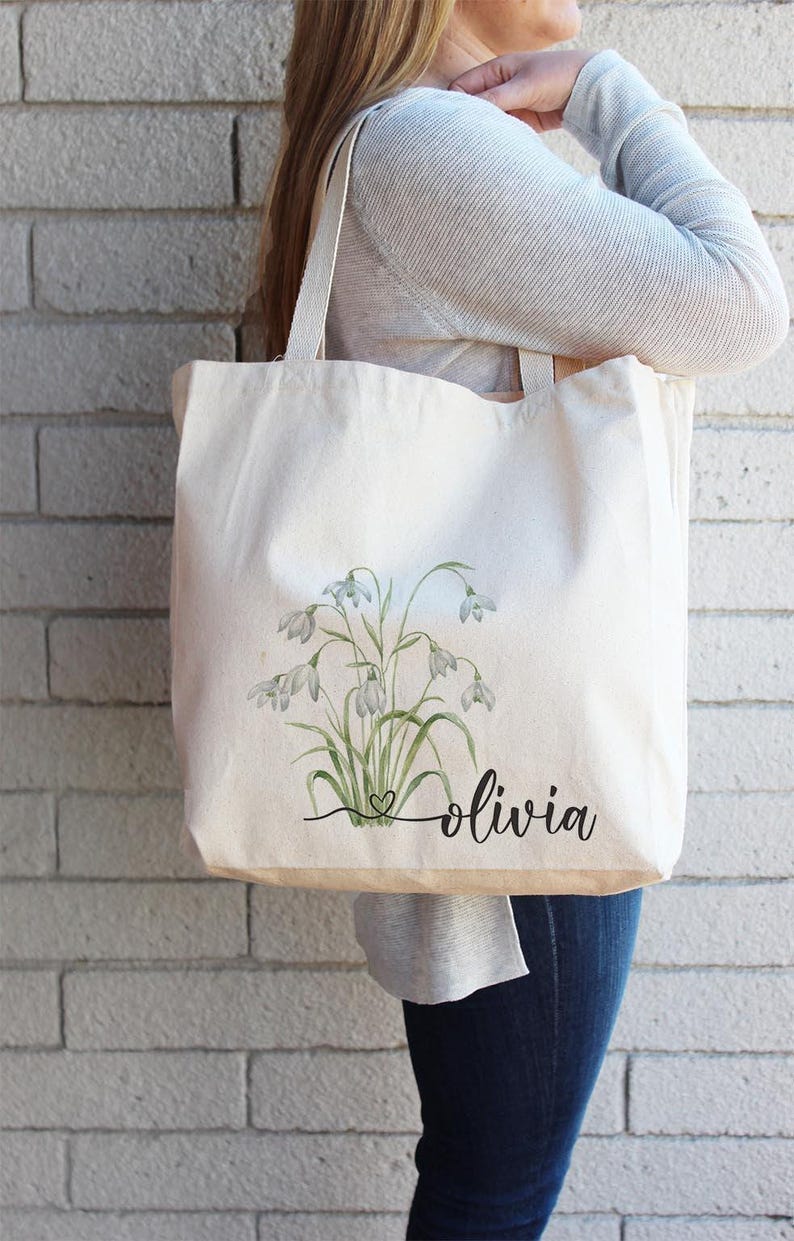 Personalized College Tote Bag, Birth Flower Canvas Book Bag, Custom Name Student Gift for School image 2