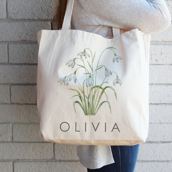 Snowdrop January Custom Birth flower gift,Personalized Canvas Tote Bag,Birthday gift for her,gift for mom,best friends Gift, Mother gifts