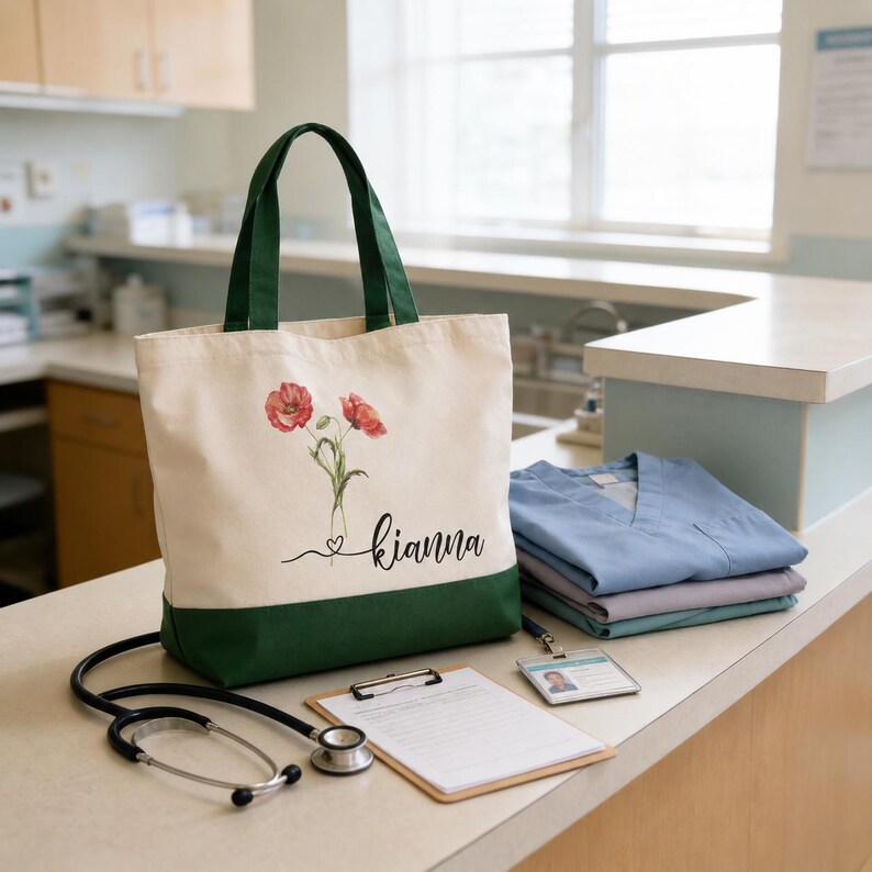 A green and white tote bag with a floral design and the name "Kianna" printed on it, along with a stethoscope, clipboard, and medical scrubs, all placed on a counter in a medical setting.