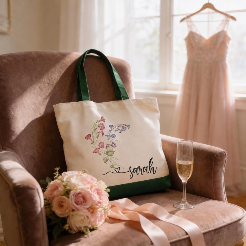 a white tote bag with a floral design, a bouquet of pink roses, and a glass of champagne on a brown chair.
