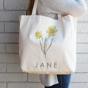 Daffodil March Birth Month Flower Personalized Canvas Tote Bag, Gift for Mom, Bachelorette Party, Bridesmaid gifts, Birthday Gift for her