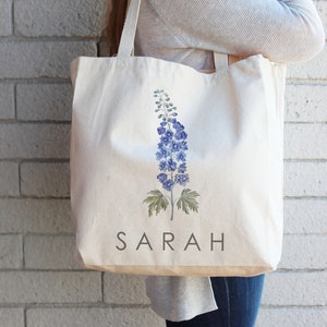 Larkspur July Custom Birth flower gift, Personalized Canvas Tote Bag, Birthday gift for her, gift for mom,best friends Gift, Mother gifts