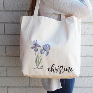 Iris February Custom Birth flower gift, Personalized Canvas Tote Bag, Birthday gift for her, gift for mom, best friends, Valentines Gifts