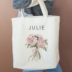 Personalized Peony Canvas Tote Bag, Floral Bridesmaid Gift
