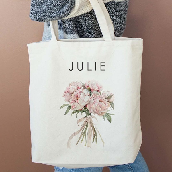 Personalized Peony Canvas Tote Bag, Floral Bridesmaid Gift
