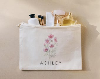 Custom Bride Makeup Bag, Personalized Canvas Cosmetic Pouch, Floral Wedding Day Bag, Bridal Toiletry Bag