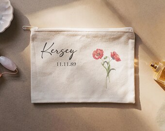 August Custom Birth flower gift, Personalized Canvas Makeup Bag, Birthday gift for her, gift for mom, gift for best friends, Mother gifts