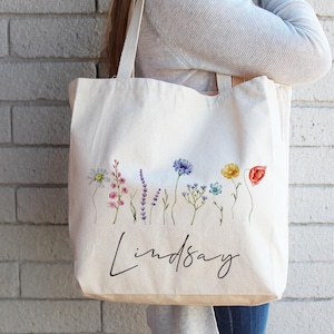 Personalized Floral Canvas Tote Bag, Bridesmaid Wedding Gift
