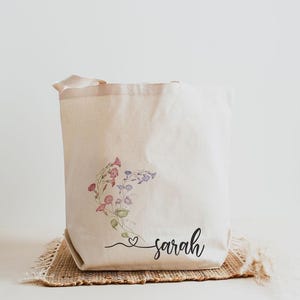 Personalized College Tote Bag, Birth Flower Canvas Book Bag, Custom Name Student Gift for School image 6