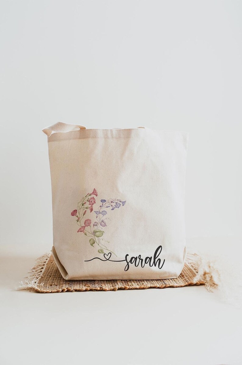Personalized College Tote Bag, Birth Flower Canvas Book Bag, Custom Name Student Gift for School image 6