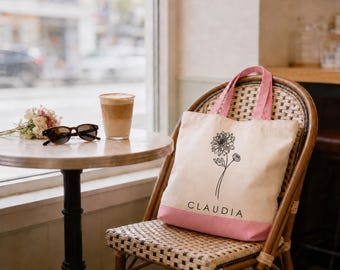 Personalized Birth Flower Tote Bag, Custom Name Floral Canvas Tote, Birthday Gift for Her, Choose Bag Style