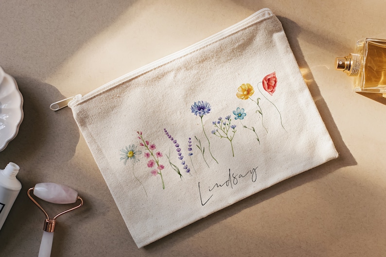 Custom Name Makeup Bag, Personalized Canvas Cosmetic Bag, Gifts For Bride, Bridesmaids, Makeup Pouch,Bachelorette Gifts Bag, Pink Floral image 1