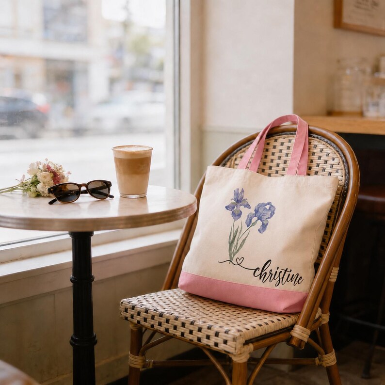 A beige tote bag with a pink handle and a floral design sits on a wicker chair in a cozy cafe setting. A small bouquet of flowers is placed on the chair, and a cup of coffee is visible on the table.