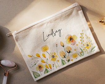 Custom Name Makeup Bag, Personalized Canvas Cosmetic Bag, Gifts For Bride, Bridesmaids, Makeup Pouch,Bachelorette Gifts Bag, Barn Flowers