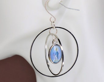 Miraculous Medal - double hoop orbit earrings - silver