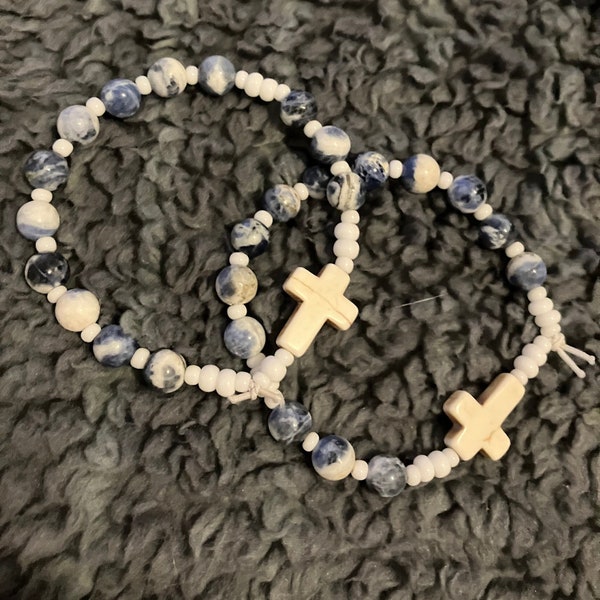 Small/Child’s size stretch Rosary bracelet - one decade - blue/white splash pattern beads