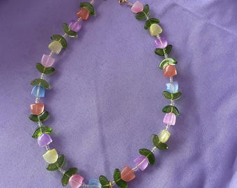 Easter garden - tulip wire beaded necklace - with mini cross pendant - gold tone