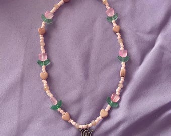 Our Lady’s garden - pink hearts and floral - adjustable beaded necklace - silver tone