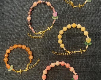 Tulip wire rosary bracelet - multiple colors available - adjustable - gold tone