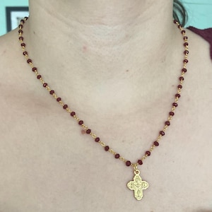 Four Way Medal Cross - Miraculous medal, St. Christopher, Sacred Heart, St. Joseph - dark red beaded necklace - gold tone