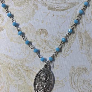 Saint Louis de Montfort - light blue beaded necklace - silver tone