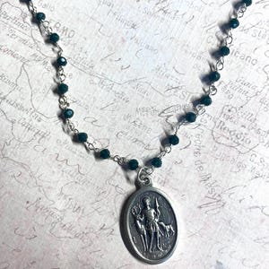St. Hubert necklace - dark green beaded necklace - silver tone