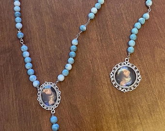 Our Lady of Sorrows/Seven sorrows Rosary Chaplet - blue and white beading with image of Our Lady - silver wiring - full or mini size