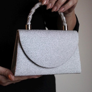 Sparkly Silver Glitter Handbag – Rhinestone Handle and Chain Strap, Elegant Evening Bag for Weddings, Parties, Special Events