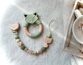 Personalized fox pacifier clip or set. Personalized gift, baby shower gift.