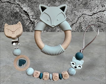 Personalized gray fox pacifier clip or all