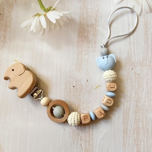 Personalized pacifier clip, birth gift, blue elephant pacifier clip