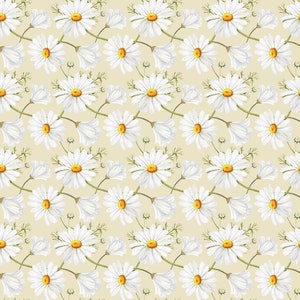 Pu&ograve; includere: Un motivo ripetitivo con fiori di margherita bianchi con centri gialli e steli verdi su uno sfondo beige chiaro. Il design include fiori completamente sbocciati e piccoli boccioli disposti in un layout floreale continuo e interconnesso.