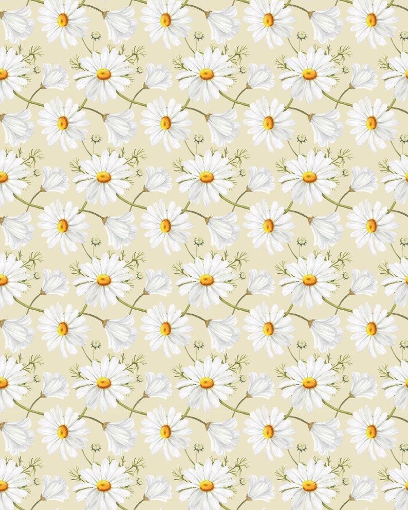 Pu&ograve; includere: Un motivo ripetitivo con fiori di margherita bianchi con centri gialli e steli verdi su uno sfondo beige chiaro. Il design include fiori completamente sbocciati e piccoli boccioli disposti in un layout floreale continuo e interconnesso.