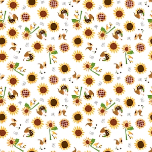 Pu&ograve; includere: Un motivo ripetitivo su sfondo bianco con girasoli gialli dal centro marrone, piccoli gnomi con cappelli marroni e minuscole api disegnate con linee nere. Il design include girasoli in varie orientazioni e illustrazioni di api.