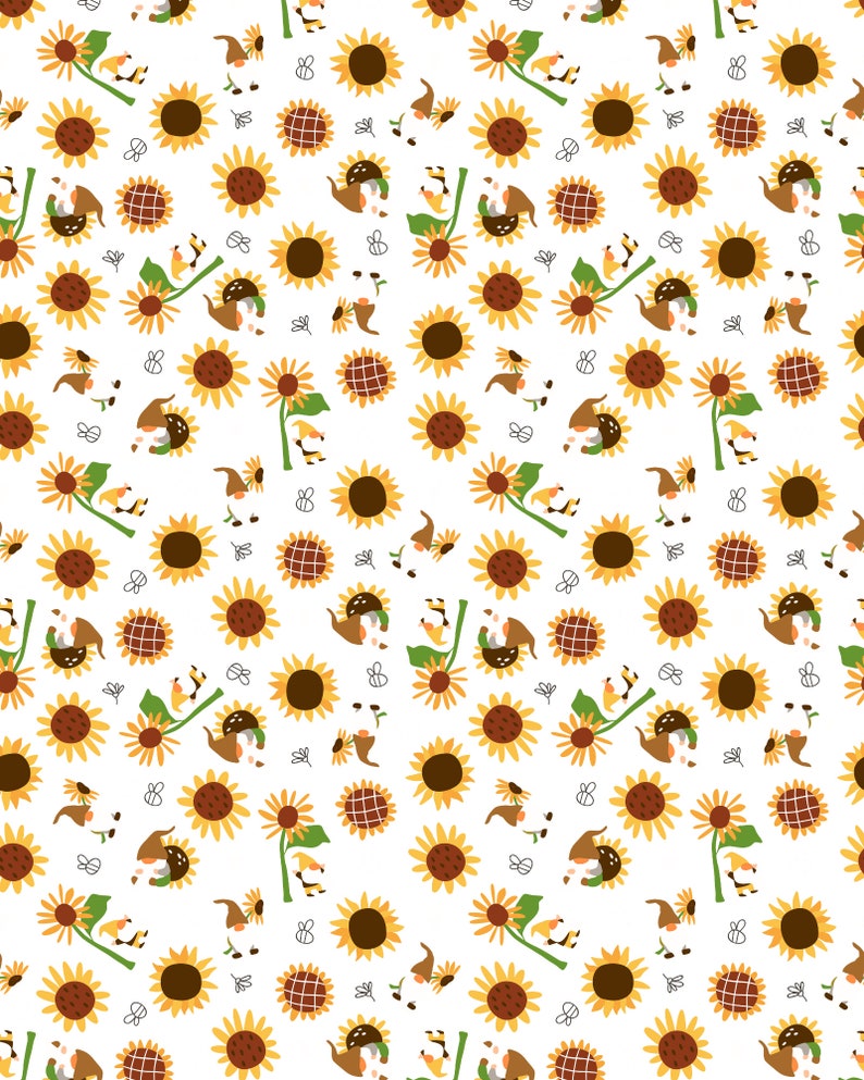Pu&ograve; includere: Un motivo ripetitivo su sfondo bianco con girasoli gialli dal centro marrone, piccoli gnomi con cappelli marroni e minuscole api disegnate con linee nere. Il design include girasoli in varie orientazioni e illustrazioni di api.