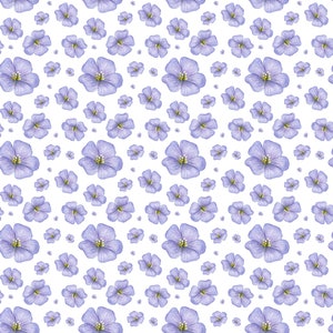 Pu&ograve; includere: Un motivo ripetitivo di fiori di lino viola chiaro su sfondo bianco. Ogni fiore presenta cinque petali delicati con venature visibili e un piccolo centro giallo. Il design include fiori di varie dimensioni disposti in modo sparso.