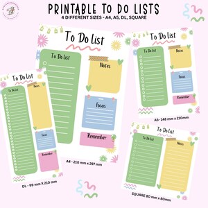 May include: Printable to-do lists in four sizes: A4, A5, DL, and square. Each list features a green to-do section, a yellow notes section, and pink, blue, and green accent notes. The text includes "To Do List", "Notes", "Focus", and "Remember".