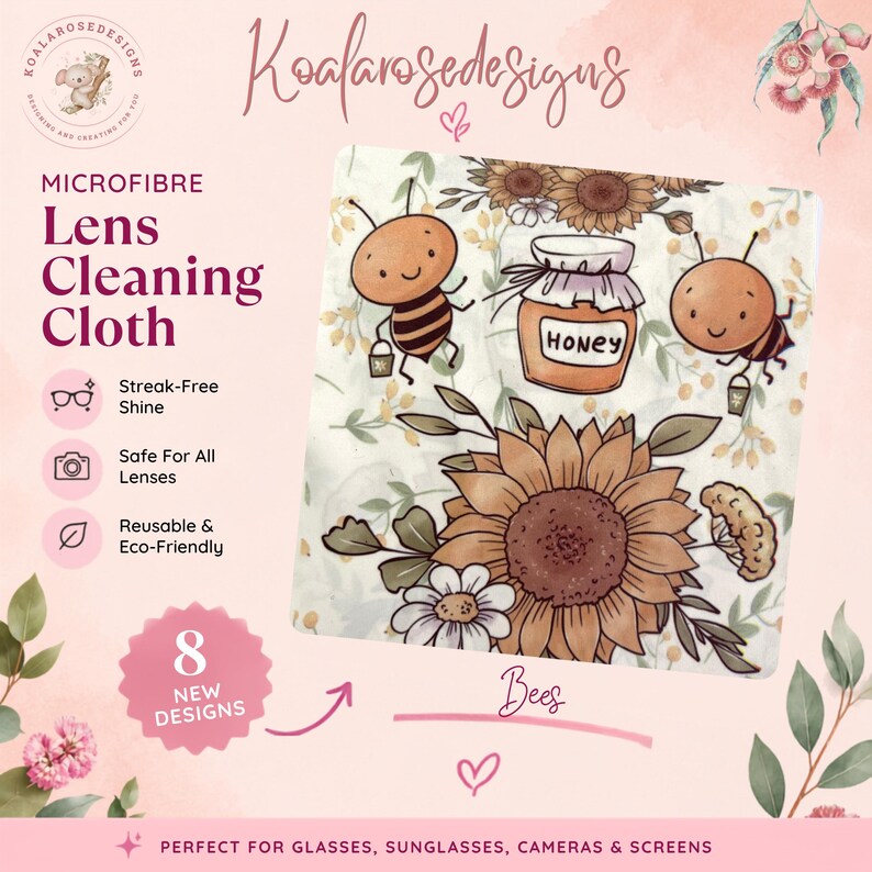 Pu&ograve; includere: Un panno in microfibra quadrato per la pulizia delle lenti con un'illustrazione stampata di due api, un vasetto con l'etichetta Honey e grandi girasoli. Il panno ha uno sfondo chiaro con accenti botanici per la pulizia delle lenti.