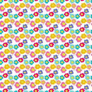 Pu&ograve; includere: Un motivo ripetitivo su sfondo bianco con fiori stilizzati nelle tonalit&agrave; del rosa, giallo, blu e viola. Ogni fiore presenta un distinto centro a spirale giallo ed &egrave; disposto in file diagonali su tutta la superficie.