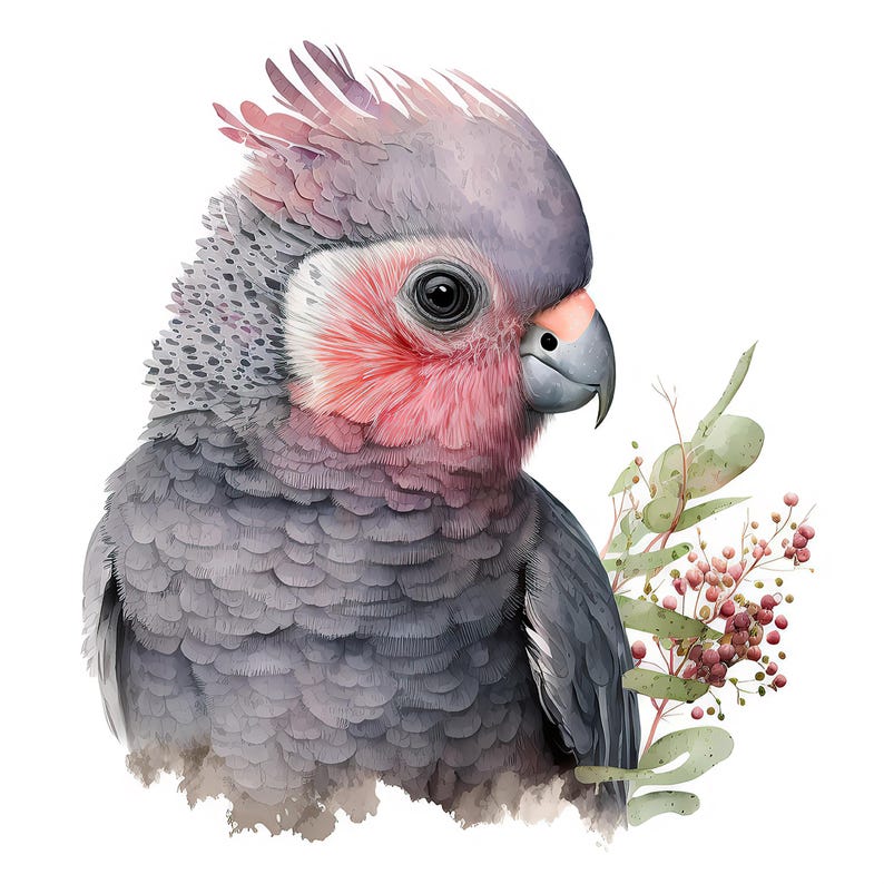 Puede incluir: Una ilustraci&oacute;n en acuarela de una cacat&uacute;a galah con plumaje suave gris y rosa, un pico gris oscuro y una cresta de plumas en la cabeza. El ave est&aacute; situada junto a un peque&ntilde;o racimo de hojas verdes de eucalipto y diminutas bayas rosadas.