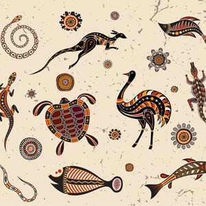 Pu&ograve; includere: Una superficie a motivi con illustrazioni stilizzate della fauna australiana, tra cui un canguro, un em&ugrave;, una tartaruga, una lucertola, serpenti e pesci, intervallati da motivi floreali circolari in una tavolozza di nero, arancione e bianco.