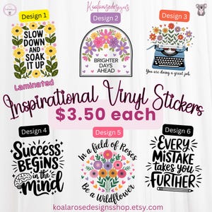 Inspirująca naklejka winylowa, cytaty do inspiracji, laminowany winyl, wodoodporny, kwiat, kolorowy, zdrowie psychiczne, motywujący cytat, pomysł na prezent