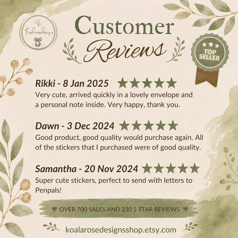 Puede incluir: Un gr&aacute;fico de rese&ntilde;as de clientes con el texto Customer Reviews y Top Seller con un logo de koala. Muestra tres rese&ntilde;as de cinco estrellas de Rikki, Dawn y Samantha, junto con el texto Over 700 sales and 230 5 star reviews y la URL.