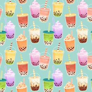 Pu&ograve; includere: Un motivo ripetitivo su sfondo verde acqua chiaro che raffigura varie bevande bubble tea in bicchieri di plastica trasparente. Le illustrazioni includono bevande colorate nei toni dell'arancione, rosa, viola e verde, con cannucce e perle scure.