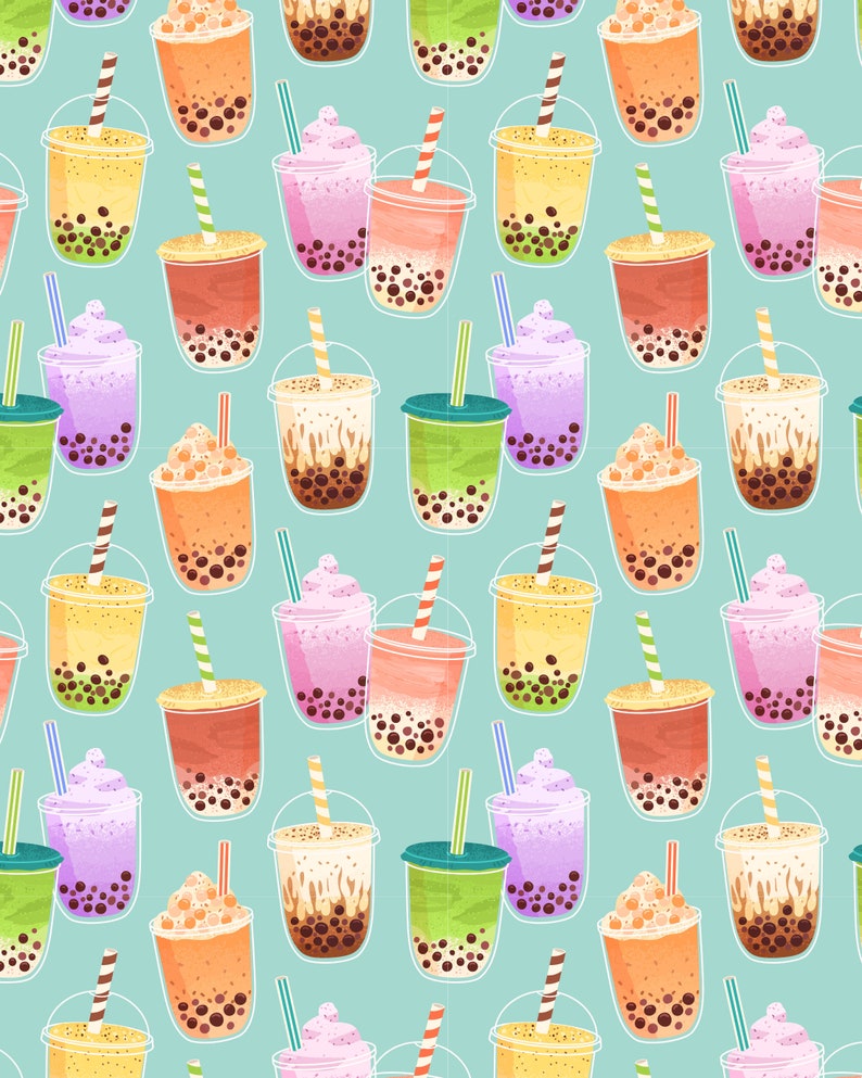 Pu&ograve; includere: Un motivo ripetitivo su sfondo verde acqua chiaro che raffigura varie bevande bubble tea in bicchieri di plastica trasparente. Le illustrazioni includono bevande colorate nei toni dell'arancione, rosa, viola e verde, con cannucce e perle scure.