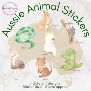 Autocollants découpés avec des matrices d'animaux australiens, Animaux d'Australie, Pack d'autocollants animaux, Kangourou, Émeu, Quokka, Planeur en sucre, Cacatoès, Crocodile, Serpent
