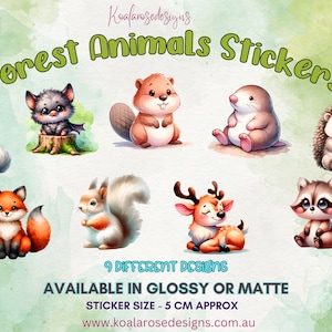 Stickers animaux de la forêt, Animaux mignons, Papier glacé, mat, Stickers animaux mignons, Ordinateur portable, journal intime, Pack d'autocollants pour agenda, Raton laveur, raton laveur, castor, écureuil
