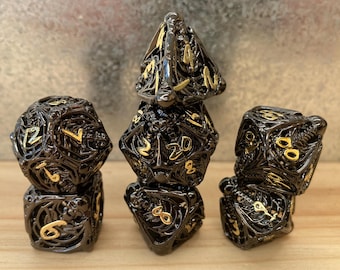 Ribcage Dice - Black/Gold - Hollow Metal DnD Dice - Singing Dice