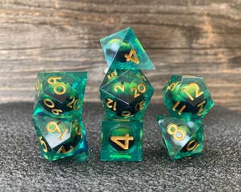 Green Dragon Eye Liquid Core DnD Dice Set for playing Dungeons and Dragons