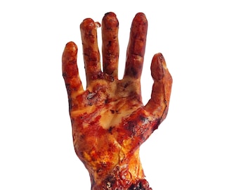 Silicone HORROR PROP ferido mão feminina filme detalhes de alta qualidade sangue zumbi morto, tamanho real mão feminina zumbi para o Halloween